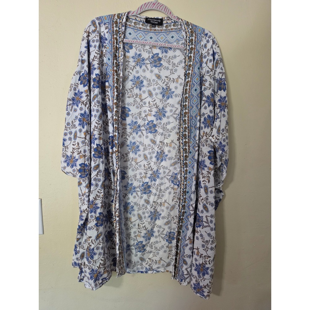Feathers by Tolani Floral Kimono Wrap Blue White Geometric Border O/S